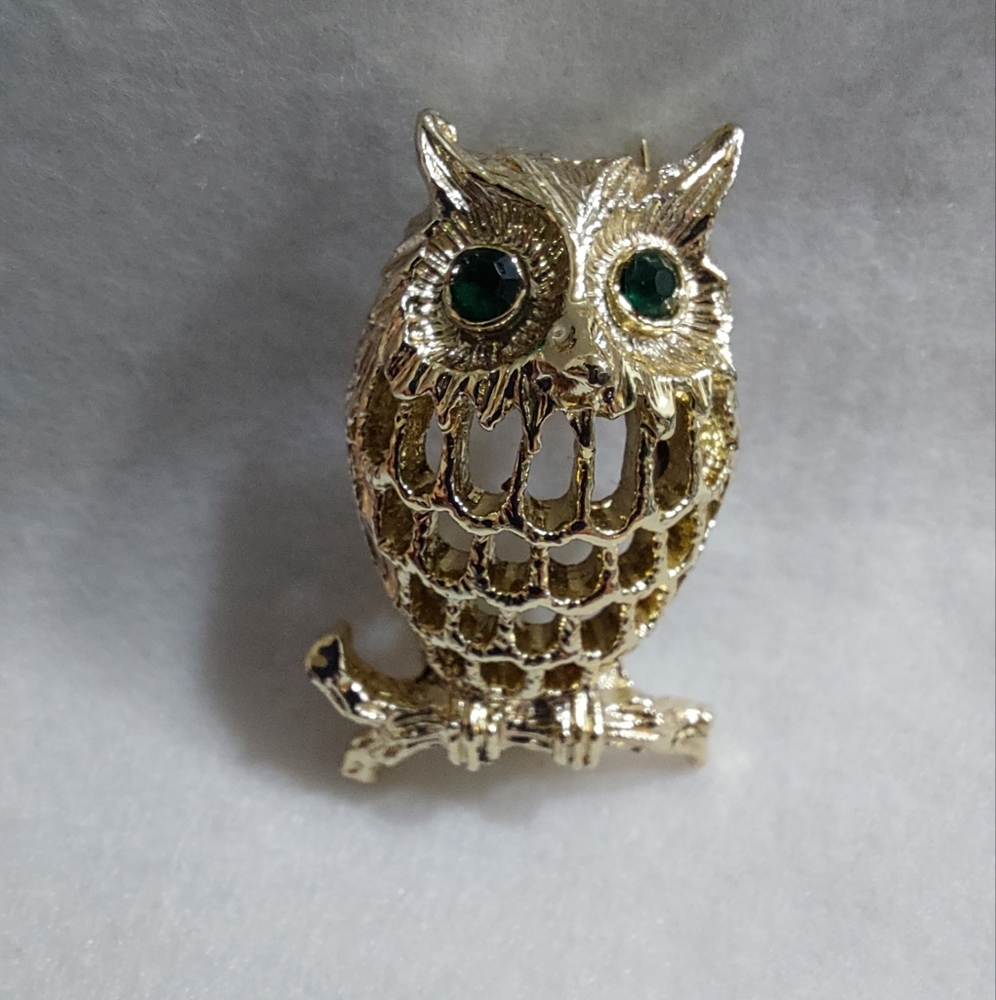 Gerry's Goldtone Green Eyed Owl Brooch, Estate Jewelry